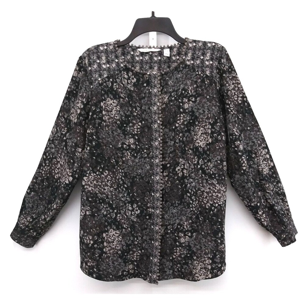 Isaac Mizrahi Shirt Womens Size 12 Gray Black Long Sleeve Button Up